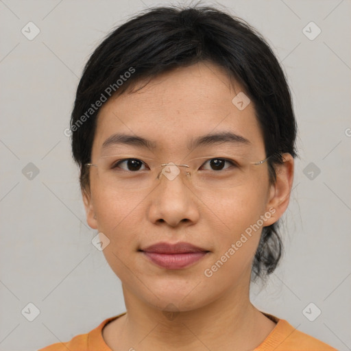 Neutral asian young-adult female with medium  brown hair and brown eyes