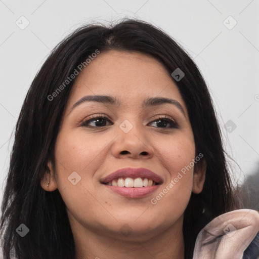 Joyful latino young-adult female with long  brown hair and brown eyes