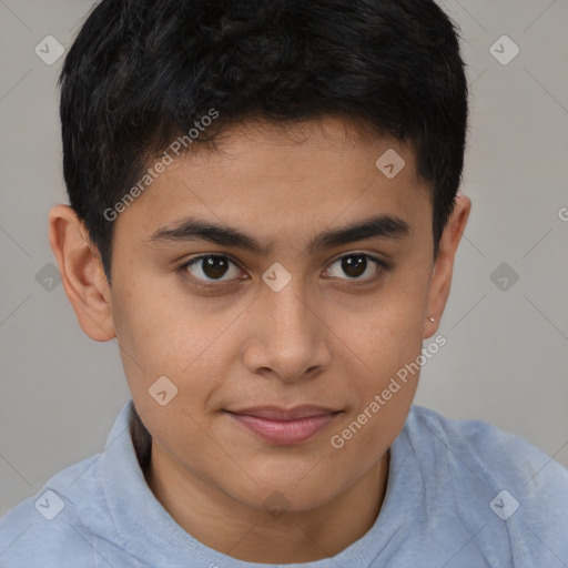 Joyful latino young-adult male with short  brown hair and brown eyes