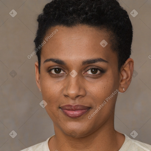 Joyful black young-adult female with short  black hair and brown eyes