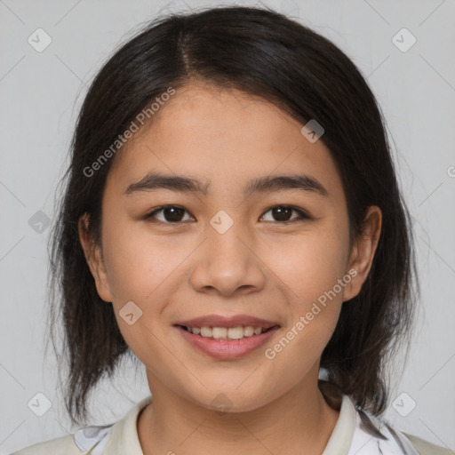 Joyful latino young-adult female with medium  brown hair and brown eyes