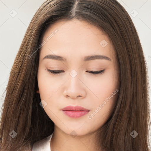 Neutral white young-adult female with long  brown hair and brown eyes