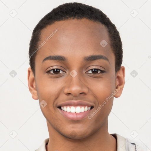 Joyful black young-adult male with short  brown hair and brown eyes