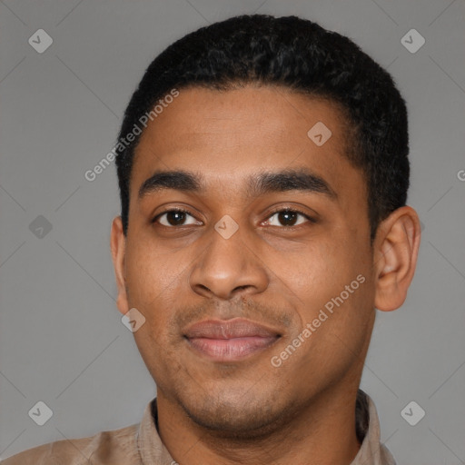 Neutral latino young-adult male with short  black hair and brown eyes