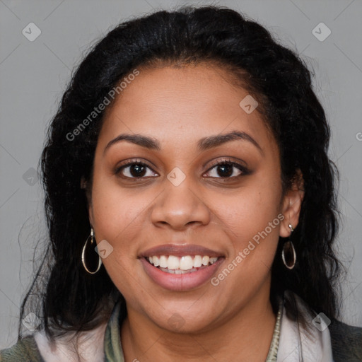 Joyful latino young-adult female with long  brown hair and brown eyes