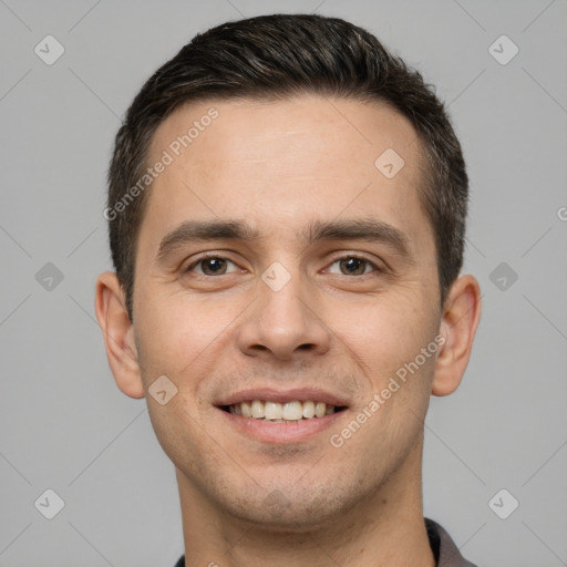 Joyful white young-adult male with short  brown hair and brown eyes