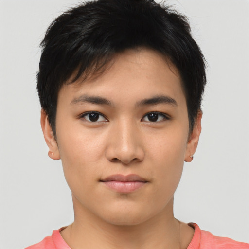 Neutral asian young-adult male with short  brown hair and brown eyes