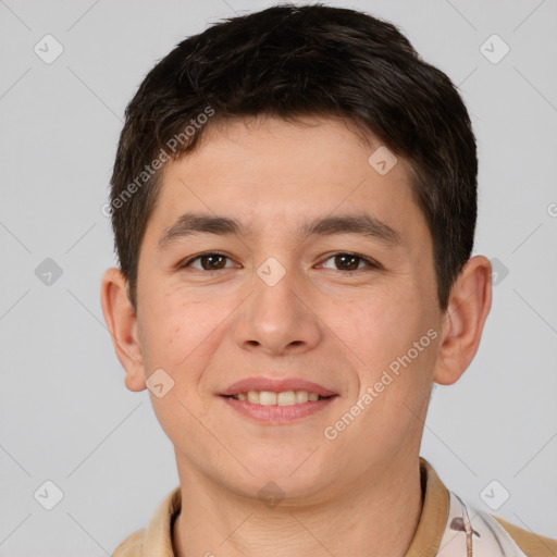 Joyful white young-adult male with short  brown hair and brown eyes