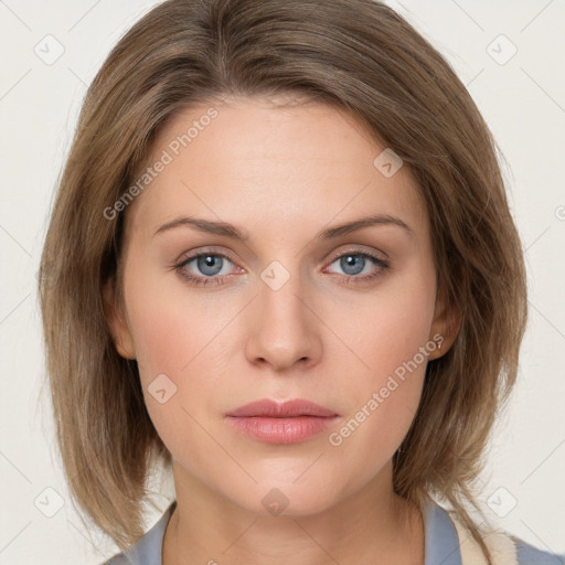 Neutral white young-adult female with medium  brown hair and grey eyes