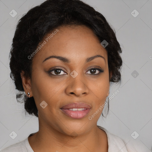 Joyful black young-adult female with medium  black hair and brown eyes