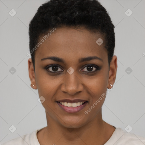 Joyful black young-adult female with short  black hair and brown eyes