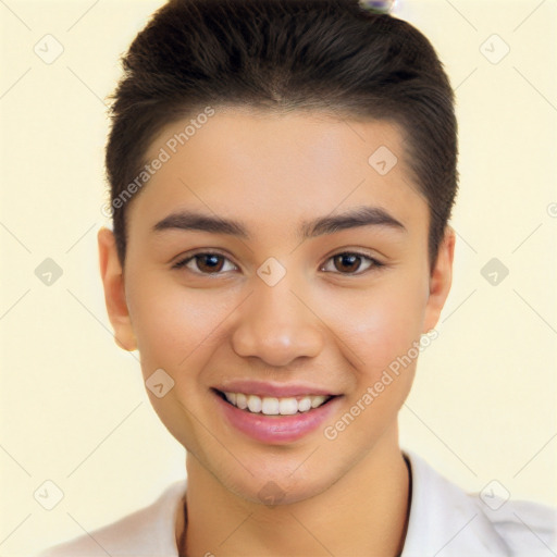 Joyful white young-adult female with short  brown hair and brown eyes