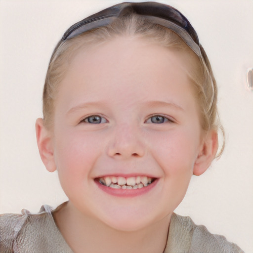 Joyful white child female with short  brown hair and blue eyes