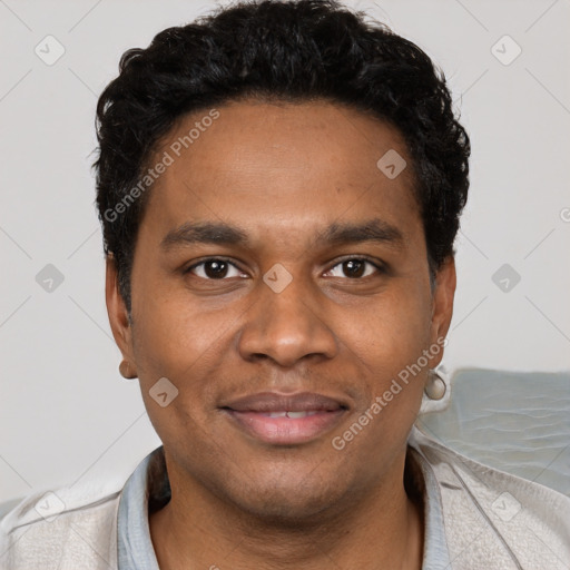 Joyful black young-adult male with short  black hair and brown eyes