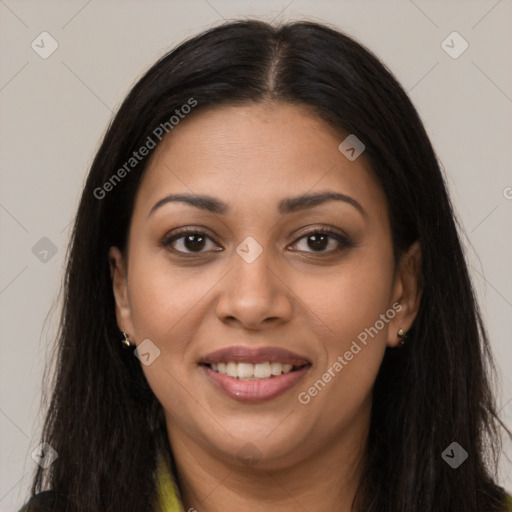 Joyful latino young-adult female with long  brown hair and brown eyes
