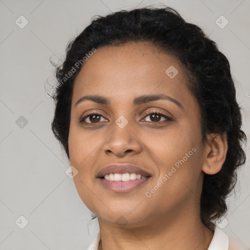 Joyful latino young-adult female with medium  black hair and brown eyes