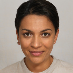 Joyful white young-adult female with short  brown hair and brown eyes
