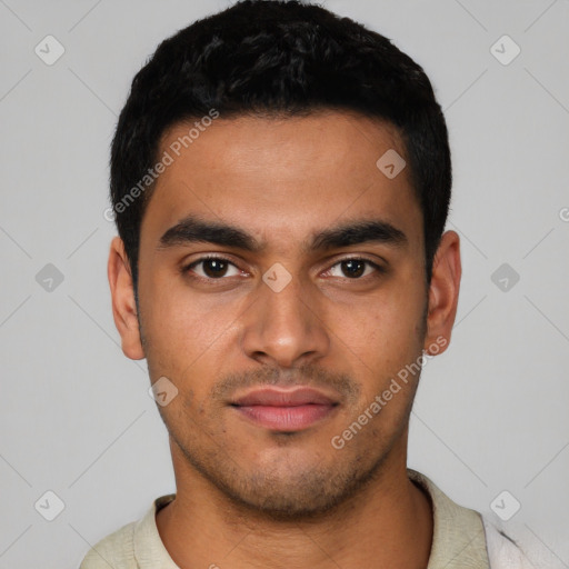 Neutral latino young-adult male with short  black hair and brown eyes