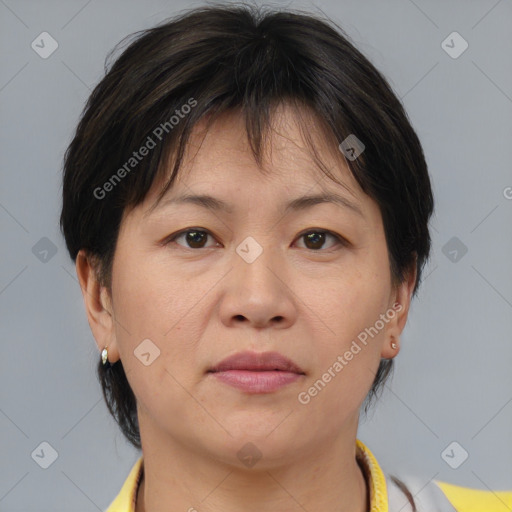 Joyful white adult female with medium  brown hair and brown eyes