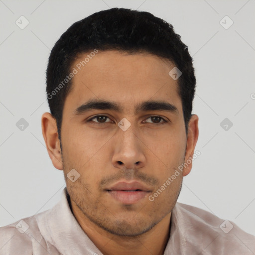 Neutral asian young-adult male with short  black hair and brown eyes