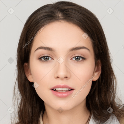 Neutral white young-adult female with long  brown hair and brown eyes