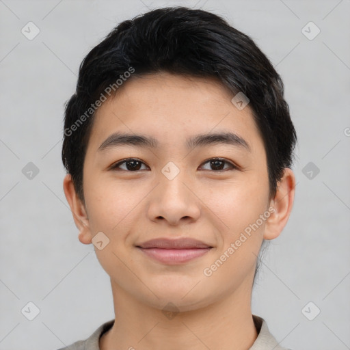 Joyful asian young-adult male with short  black hair and brown eyes