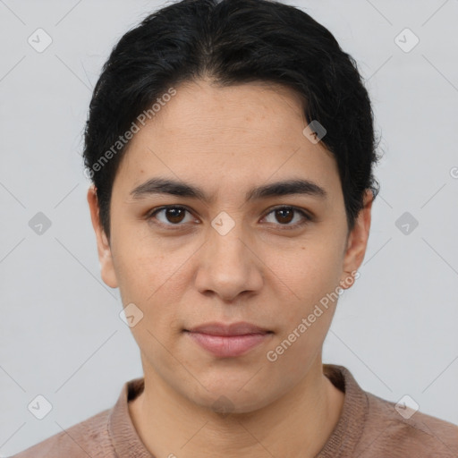 Joyful asian young-adult female with short  brown hair and brown eyes