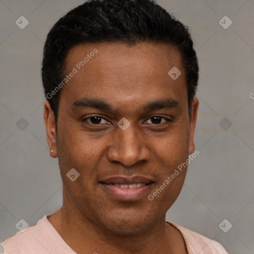 Joyful latino young-adult male with short  brown hair and brown eyes
