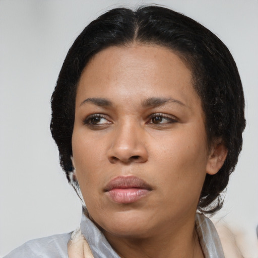 Neutral asian young-adult female with medium  black hair and brown eyes