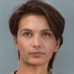 Neutral white young-adult female with short  brown hair and brown eyes