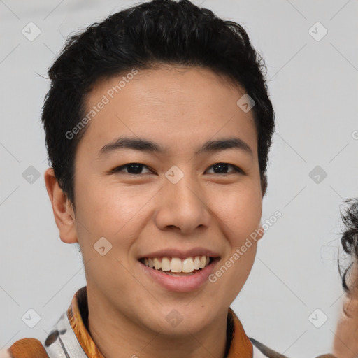 Joyful black young-adult male with short  brown hair and brown eyes