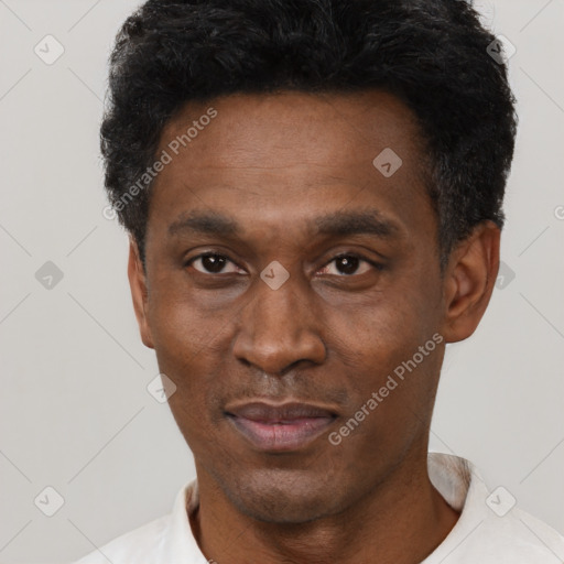 Neutral black adult male with short  black hair and brown eyes