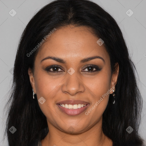 Joyful latino young-adult female with long  brown hair and brown eyes