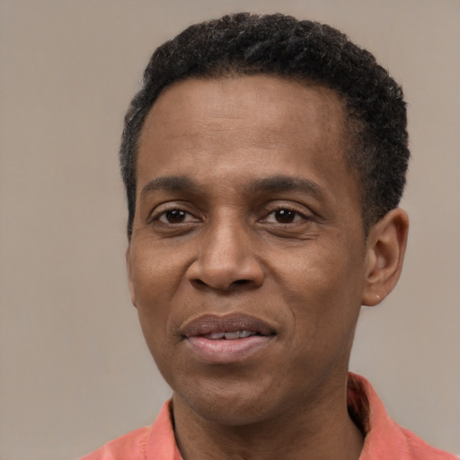 Joyful latino adult male with short  black hair and brown eyes