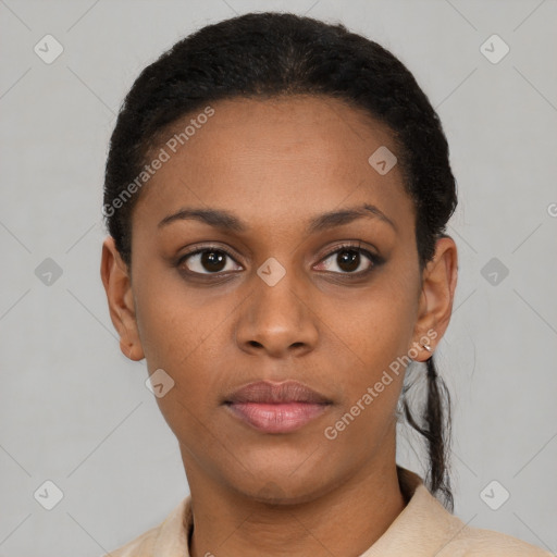 Neutral black young-adult female with short  black hair and brown eyes