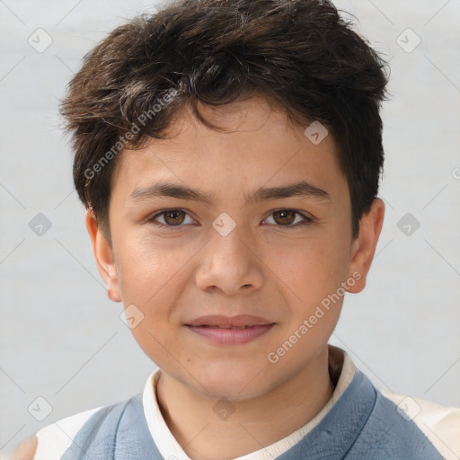 Joyful white child male with short  brown hair and brown eyes