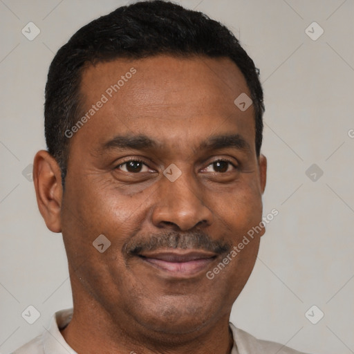 Joyful latino adult male with short  black hair and brown eyes
