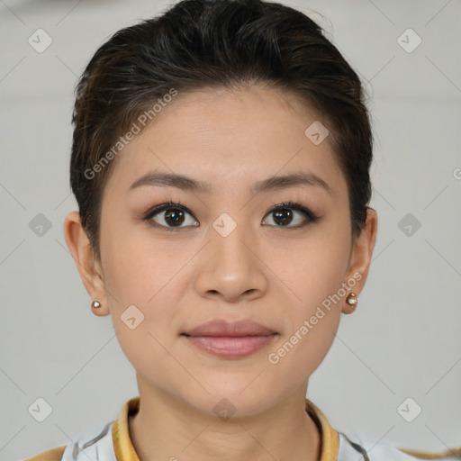 Joyful white young-adult female with short  brown hair and brown eyes
