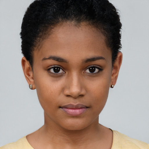 Neutral black young-adult female with short  brown hair and brown eyes