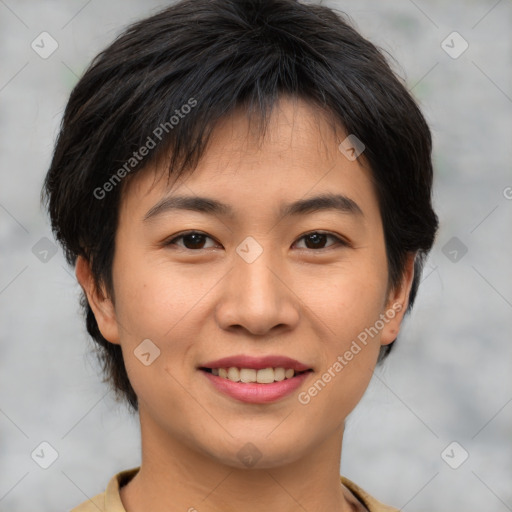 Joyful asian young-adult female with short  brown hair and brown eyes