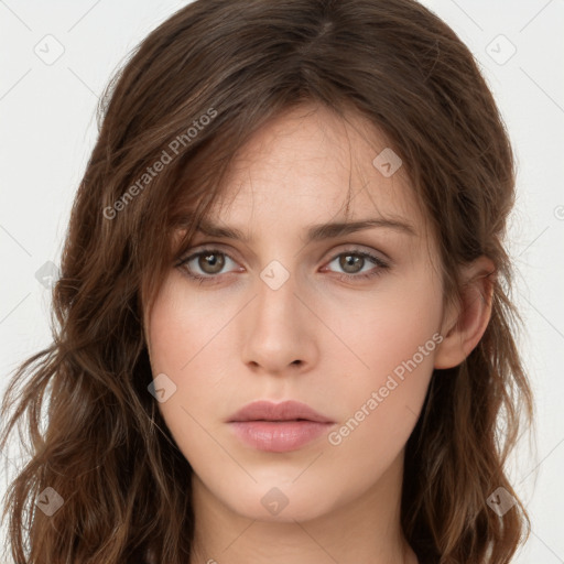 Neutral white young-adult female with long  brown hair and brown eyes