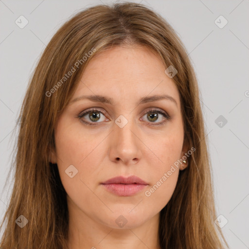 Neutral white young-adult female with long  brown hair and brown eyes