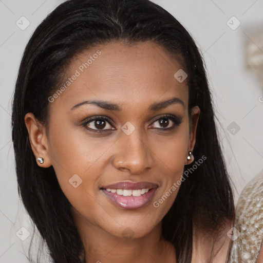 Joyful latino young-adult female with medium  brown hair and brown eyes