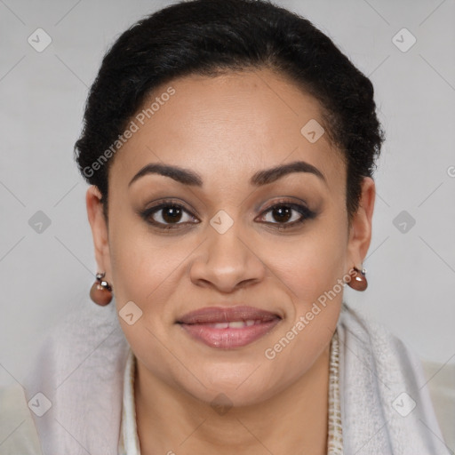 Joyful latino young-adult female with short  brown hair and brown eyes