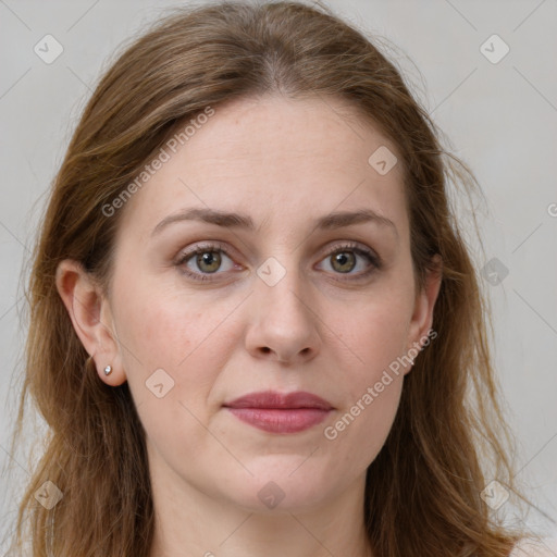 Joyful white young-adult female with long  brown hair and green eyes