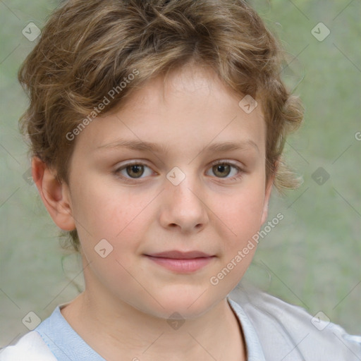 Joyful white child female with short  brown hair and brown eyes