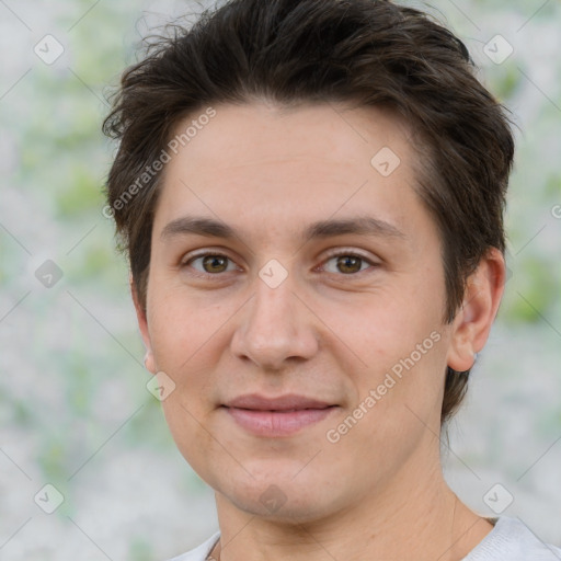 Joyful white young-adult male with short  brown hair and brown eyes