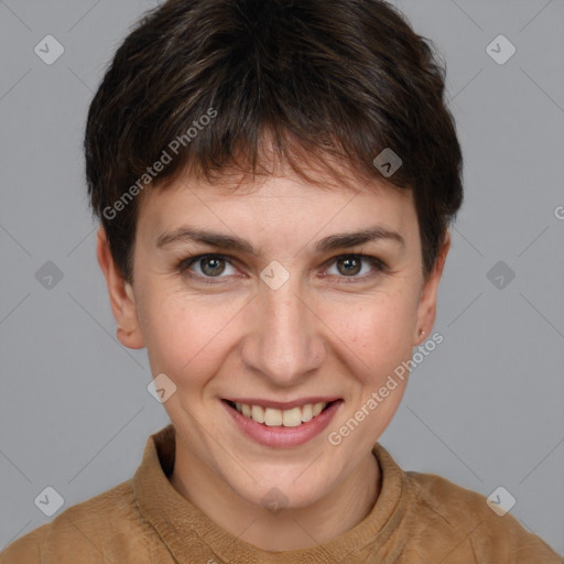 Joyful white young-adult female with short  brown hair and brown eyes