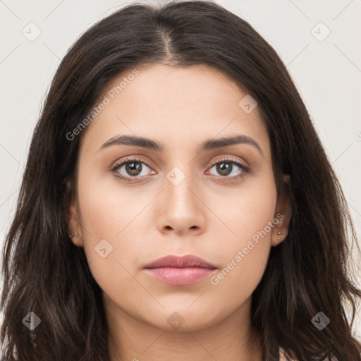 Neutral white young-adult female with long  brown hair and brown eyes