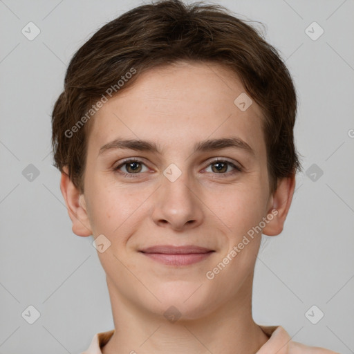 Joyful white young-adult female with short  brown hair and grey eyes